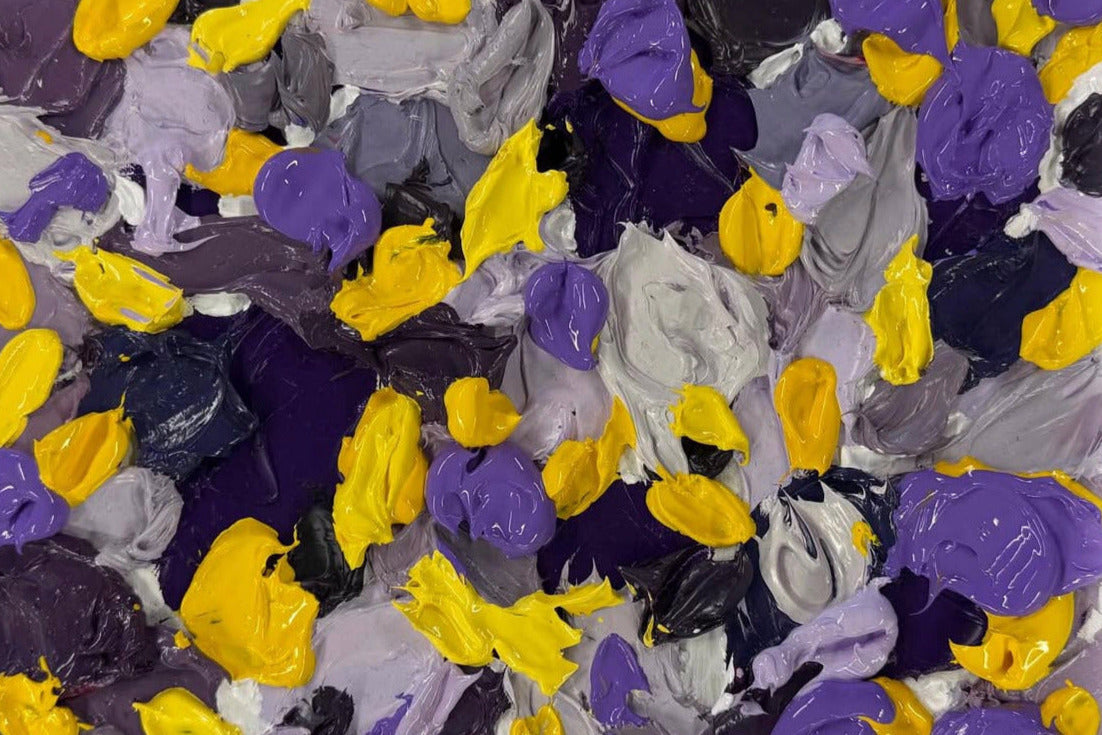 Abstract art piece with purple, yellow, and gray colors on a white background